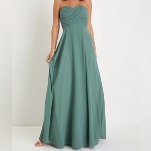 Sage Green Pleated Strapless Maxi Dress